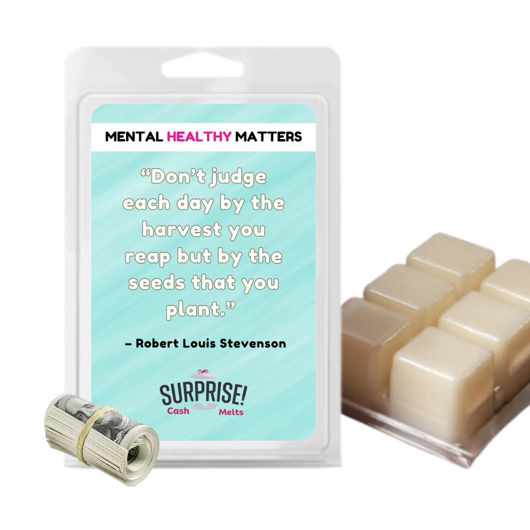 DON'T JUDGE EACH DAY BY THE HARVEST YOU REAP BUT BY THE SEEDS THAT YOU PLANT - ROBERT LOUIS STEVENSON | MENTAL HEALTH CASH WAX MELTS
