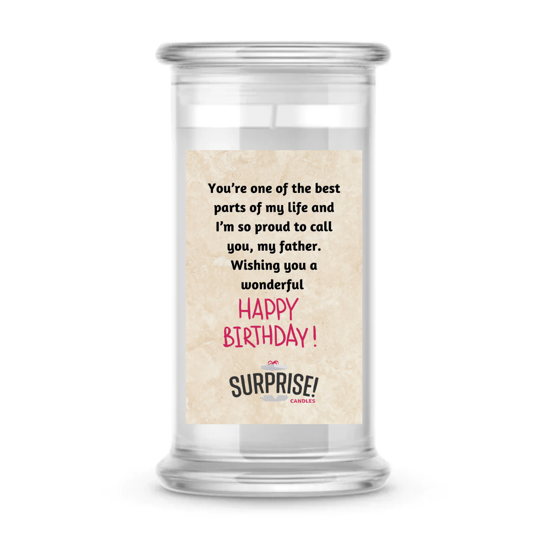 YOU'RE ONE OF THE BEST PARTS OF MY LIFE AND I'M SO PROUD TO CALL YOU, MY FATHER. WISHING YOU A WONDERFUL HAPPY BIRTHDAY CANDLE