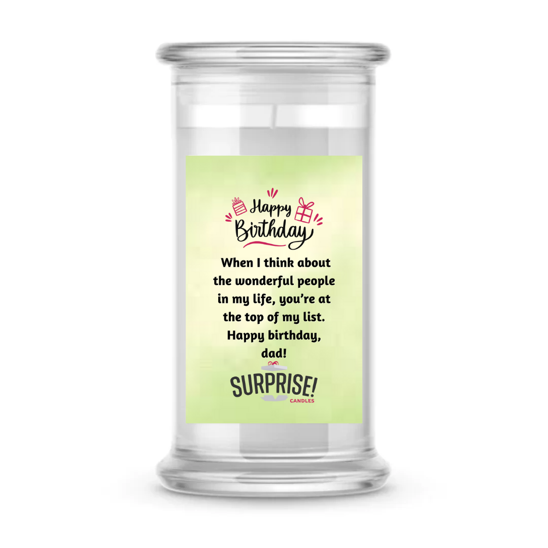 WHEN I THINK ABOUT THE WONDERFUL PEOPLE IN MY LIFE, YOU'RE AT THE TOP OF MY LIST. HAPPY BIRTHDAY DAD! HAPPY BIRTHDAY CANDLE