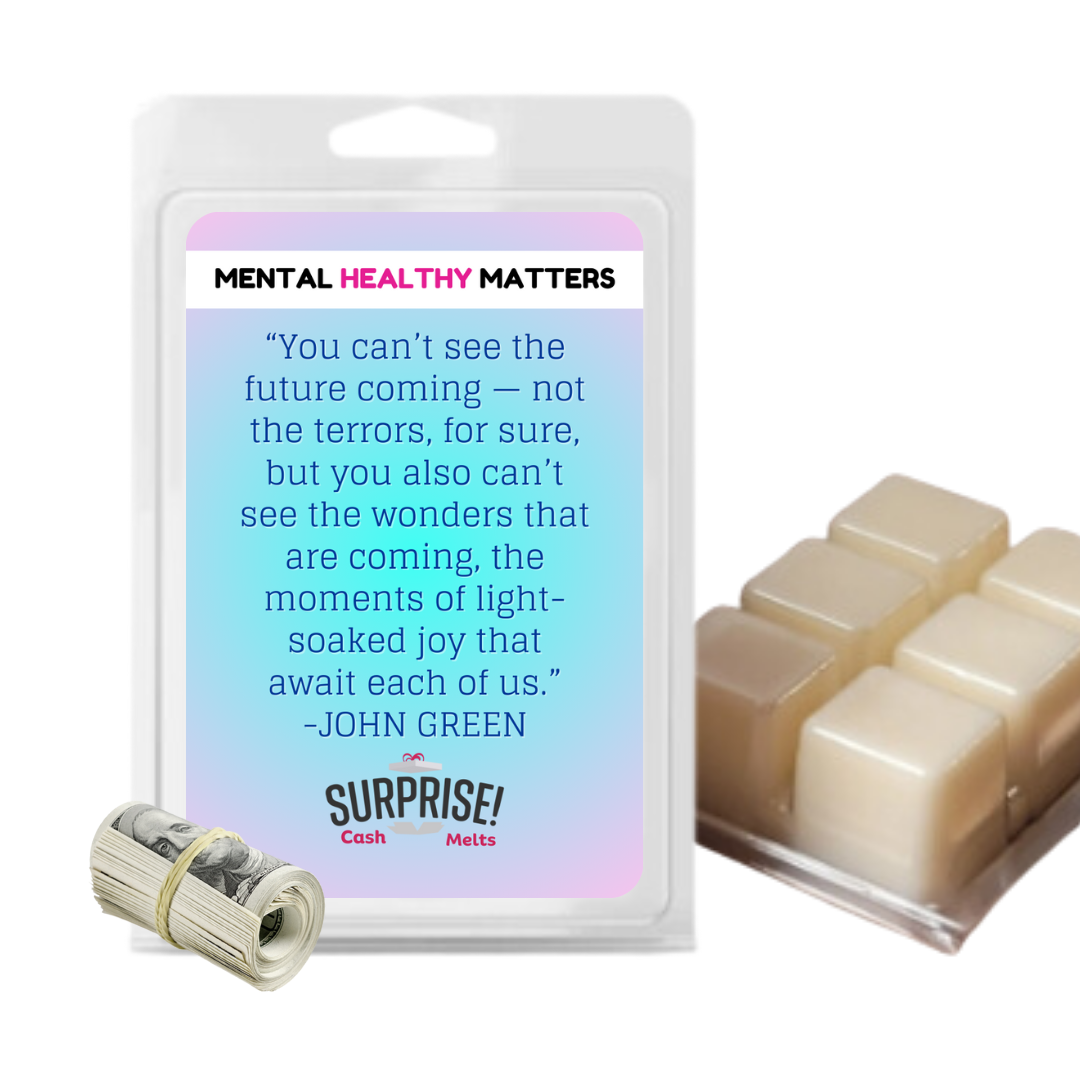 YOU CAN'T SEE THE FUTURE COMING NOT THE TERRORS, FOR SURE, BUT YOU ALSO CAN'T SEE THE WONDERS THAT ARE COMING, THE MOMENTS OF LIGHT SOAKED JOY THAT AWAIT EACH OF US. MENTAL HEALTH CASH WAX MELTS