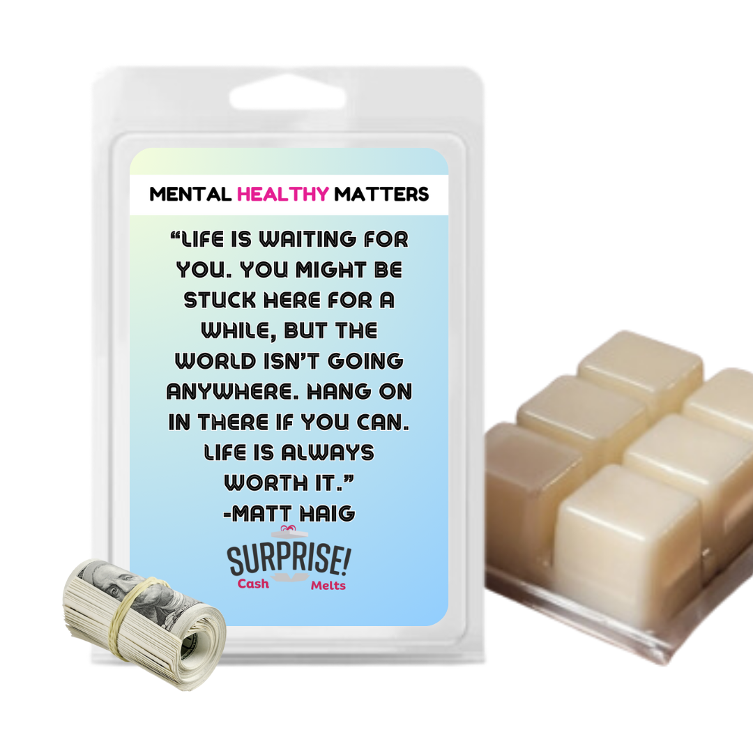 LIFE IS WAITING FOR YOU. YOU MIGHT BE STUCK HERE FOR A WHILE, BUT THE WORLD ISN'T GOING ANYWHERE. HANG ONIN THERE IF YOU CAN. LIFE IS ALWAYS WORTH IT. | MENTAL HEALTH CASH WAX MELTS