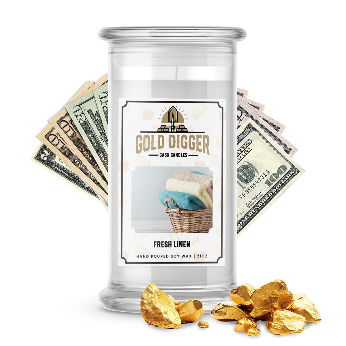 Fresh Linen Gold Digger Cash Candle