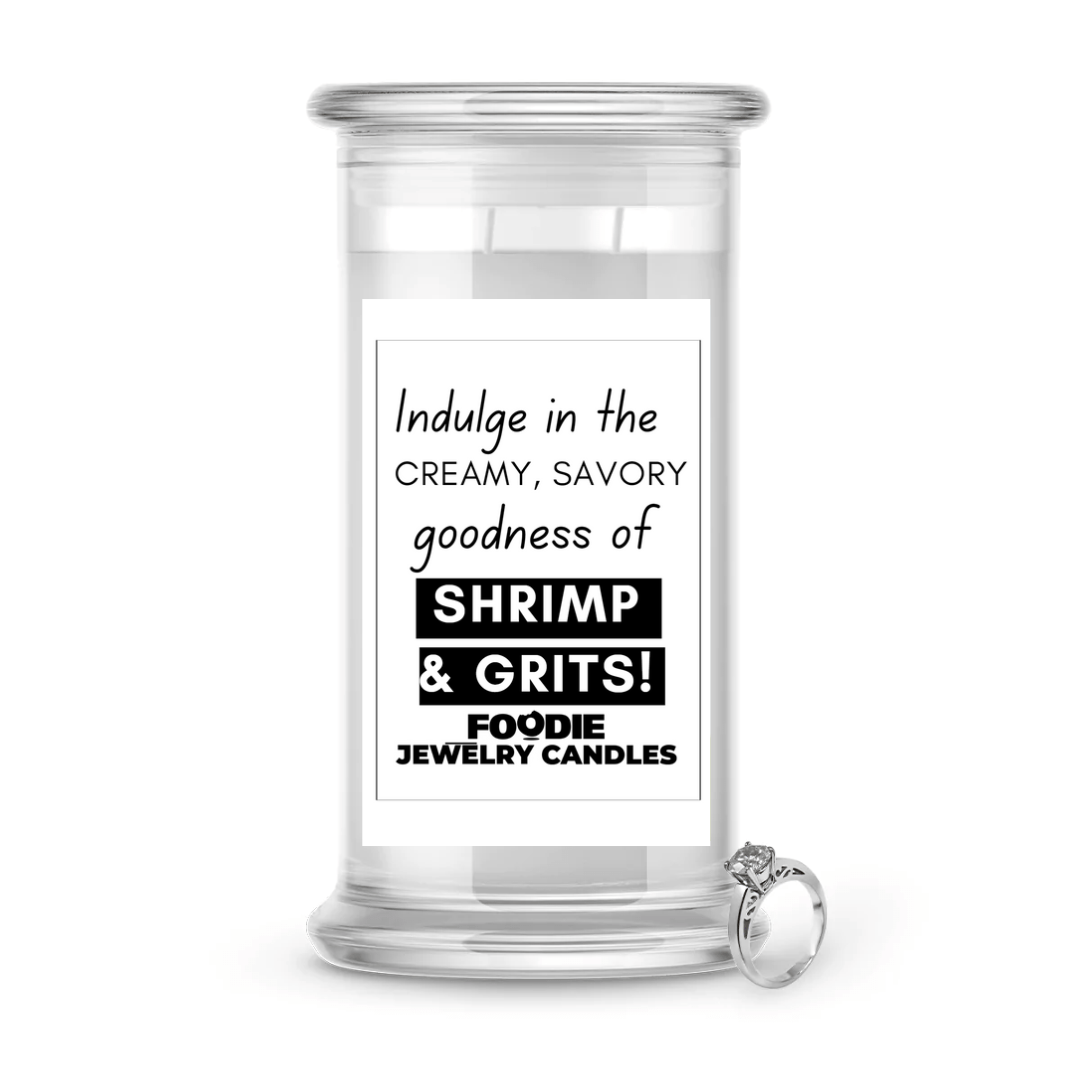 Indulge in the creamy, savory goodness of shrimo & grits | Foodie Jewelry Candles