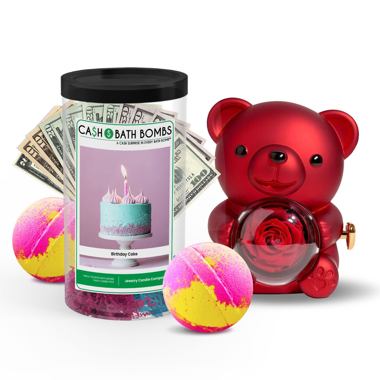 Rose Cash Surprise Bear + Jumbo Cash Bath Bomb 2 Pack – Birthday Cake