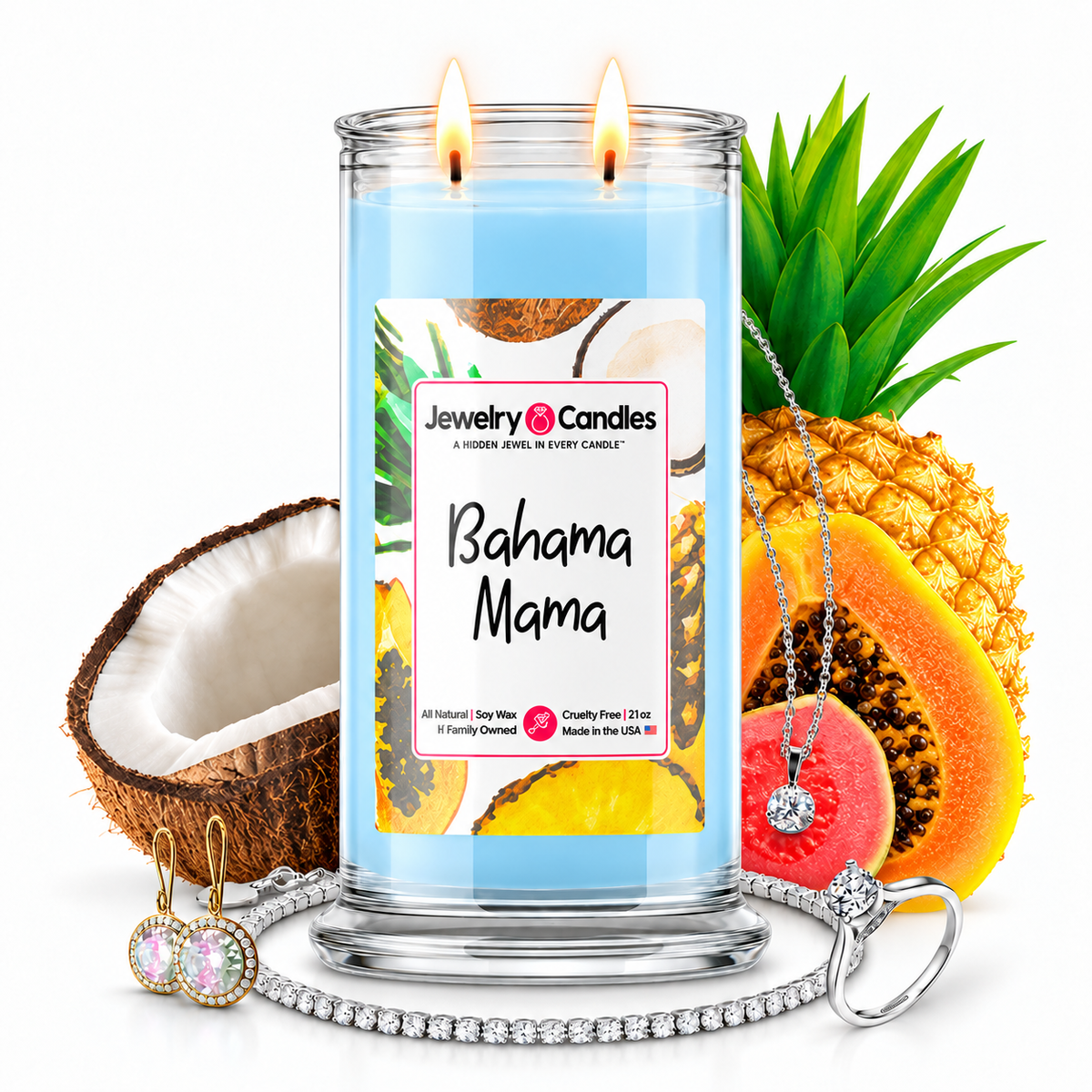 Bahama Mama Jewelry Candles with two lit flames and jewelry