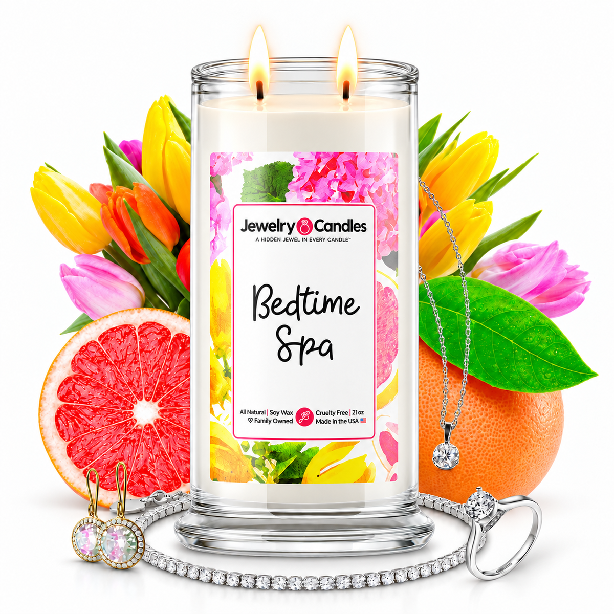 Bedtime Spa Jewelry Candle with two lit flames and jewelry