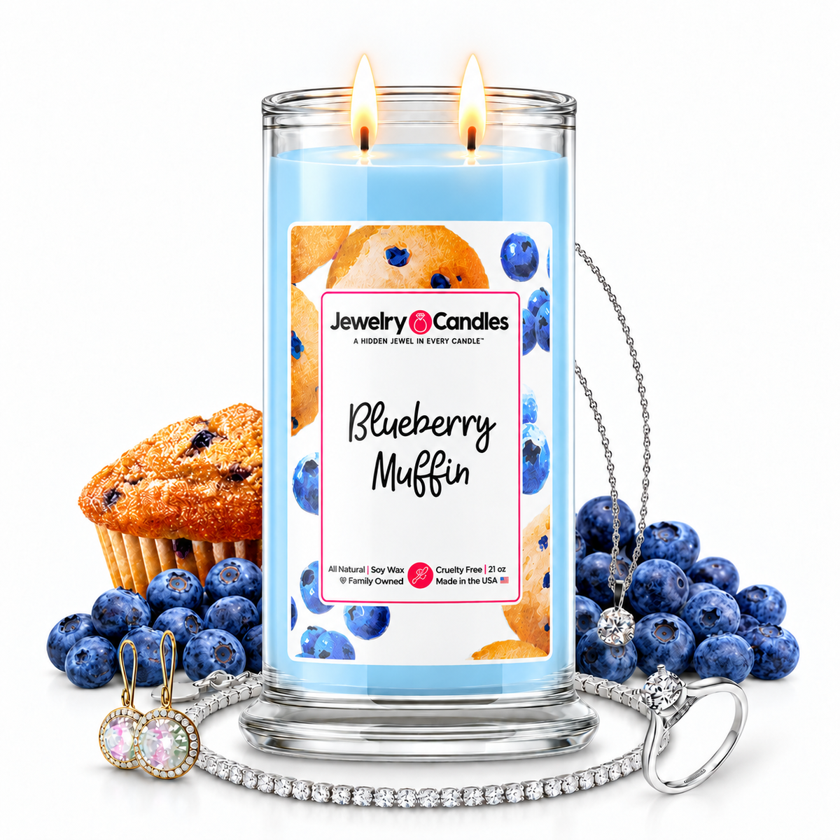 Blueberry Muffin Jewelry Candle with two lit flames and jewelry