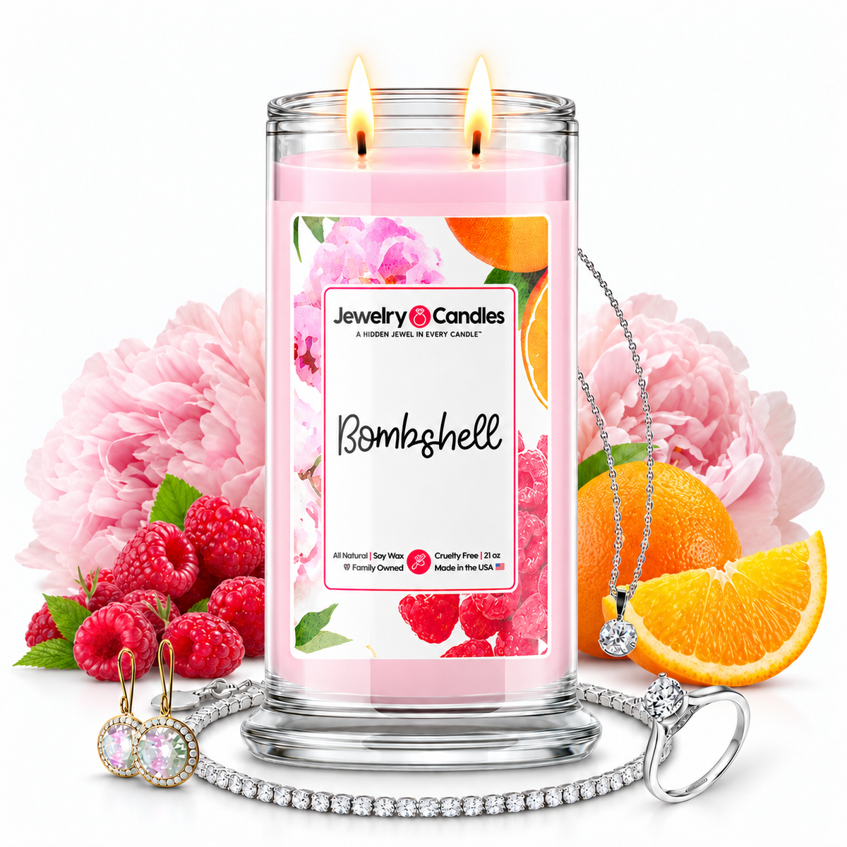 Bombshell Jewelry Candle with two lit flames and jewelry