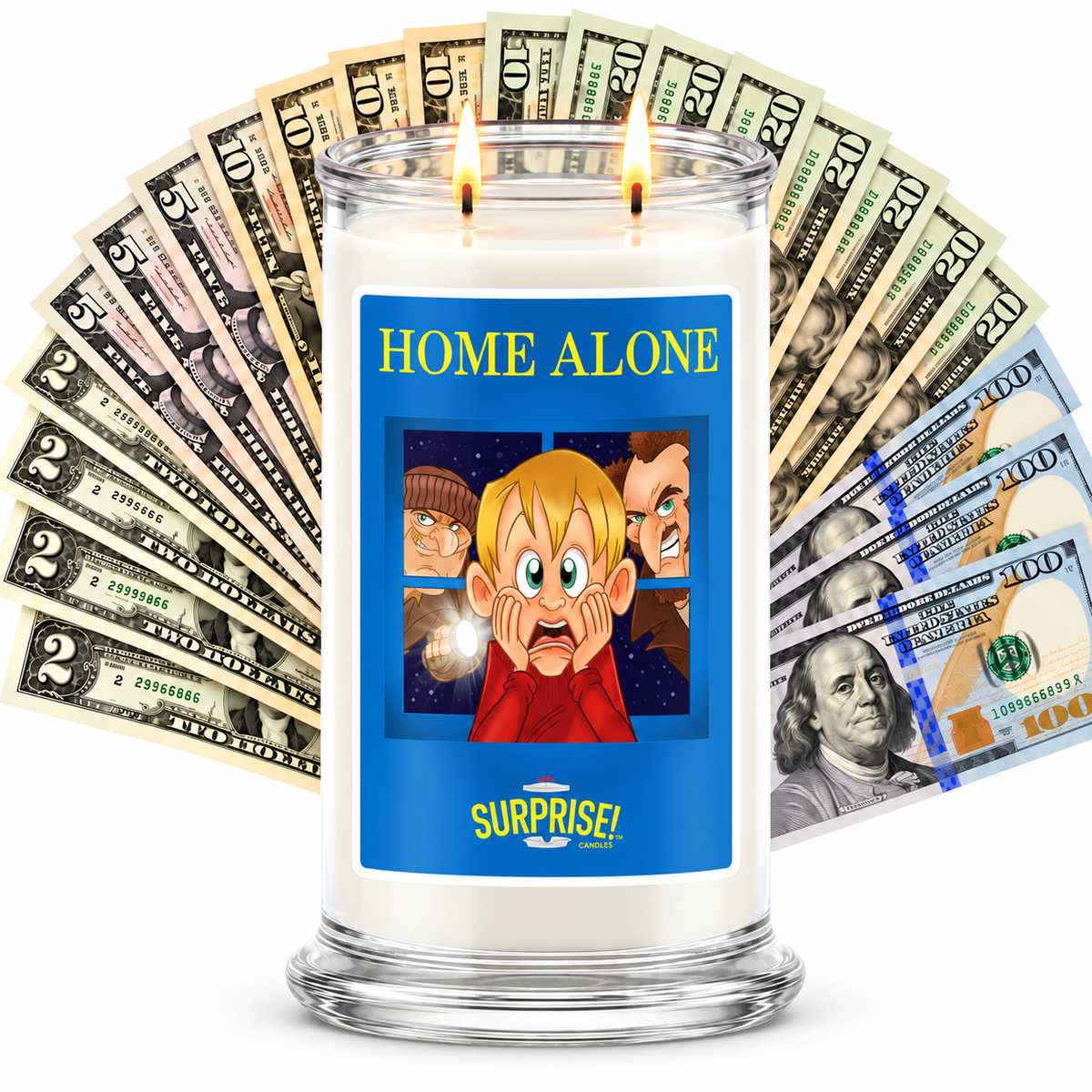 HOME ALONE Cash Candle (Inspired by the Movie!) with two lit wicks and a fan of cash