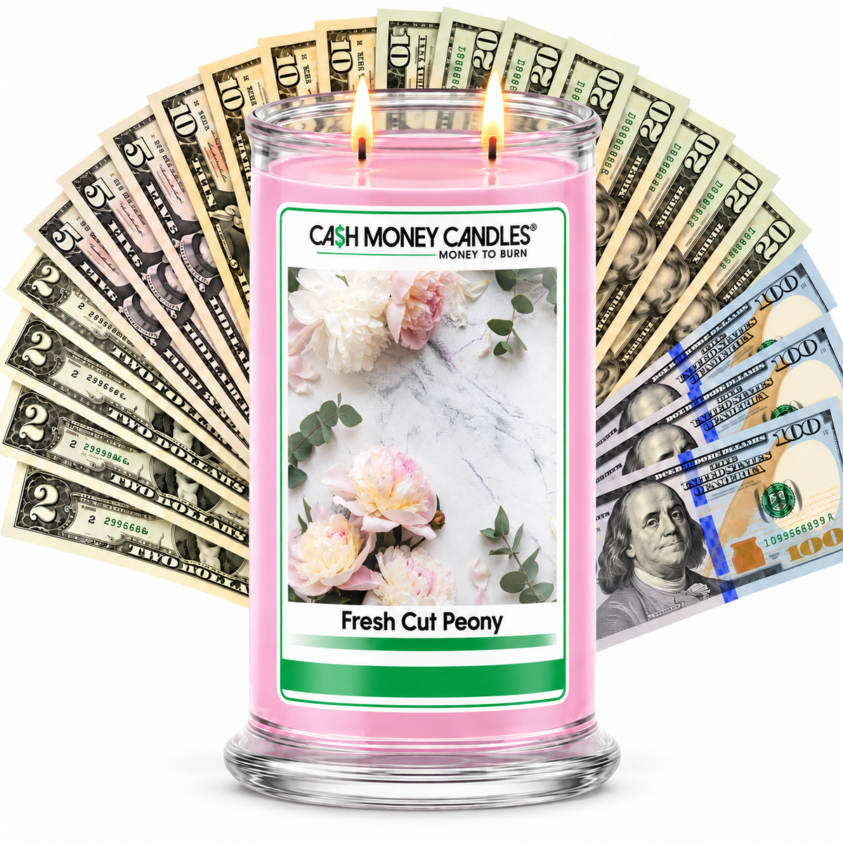 Fresh Cut Peony Cash Money Candle with two lit wicks and a fan of cash