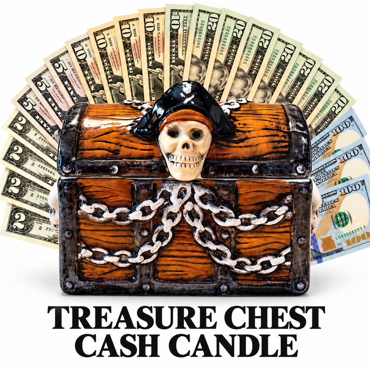 GIANT TREASURE CHEST CASH CANDLE (WORLD'S LARGEST!) with a fan of cash