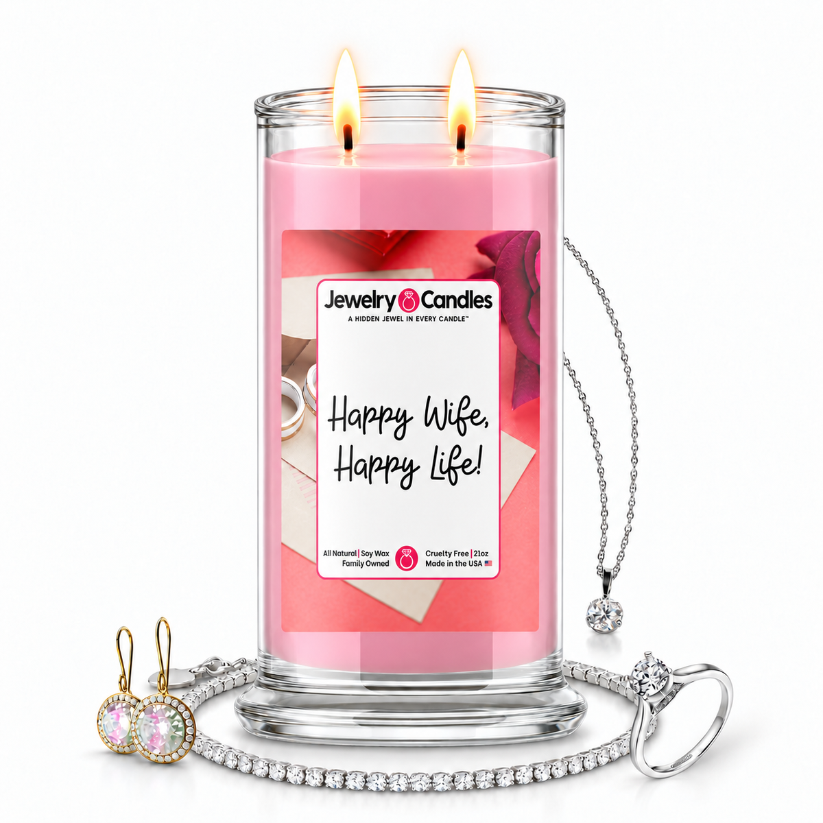 Happy Wife, Happy Life! Jewelry Candle with two lit flames and jewelry