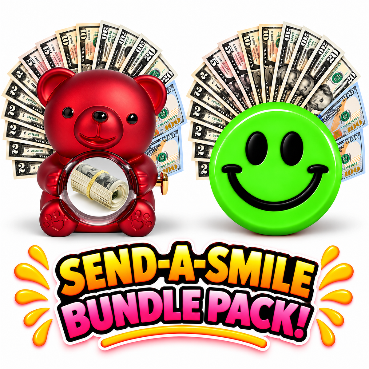 Red cash surprise bear and green Jamaican Me Crazy! giant cash smiley face gift bundle