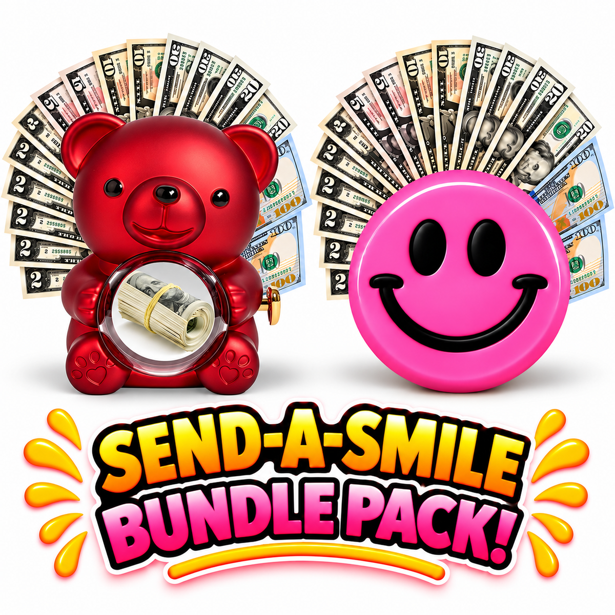 Red cash surprise bear and pink Bombshell giant cash smiley face gift bundle