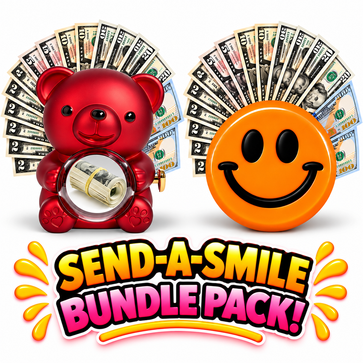 Red cash surprise bear and orange Apple Mango Martini giant cash smiley face gift bundle
