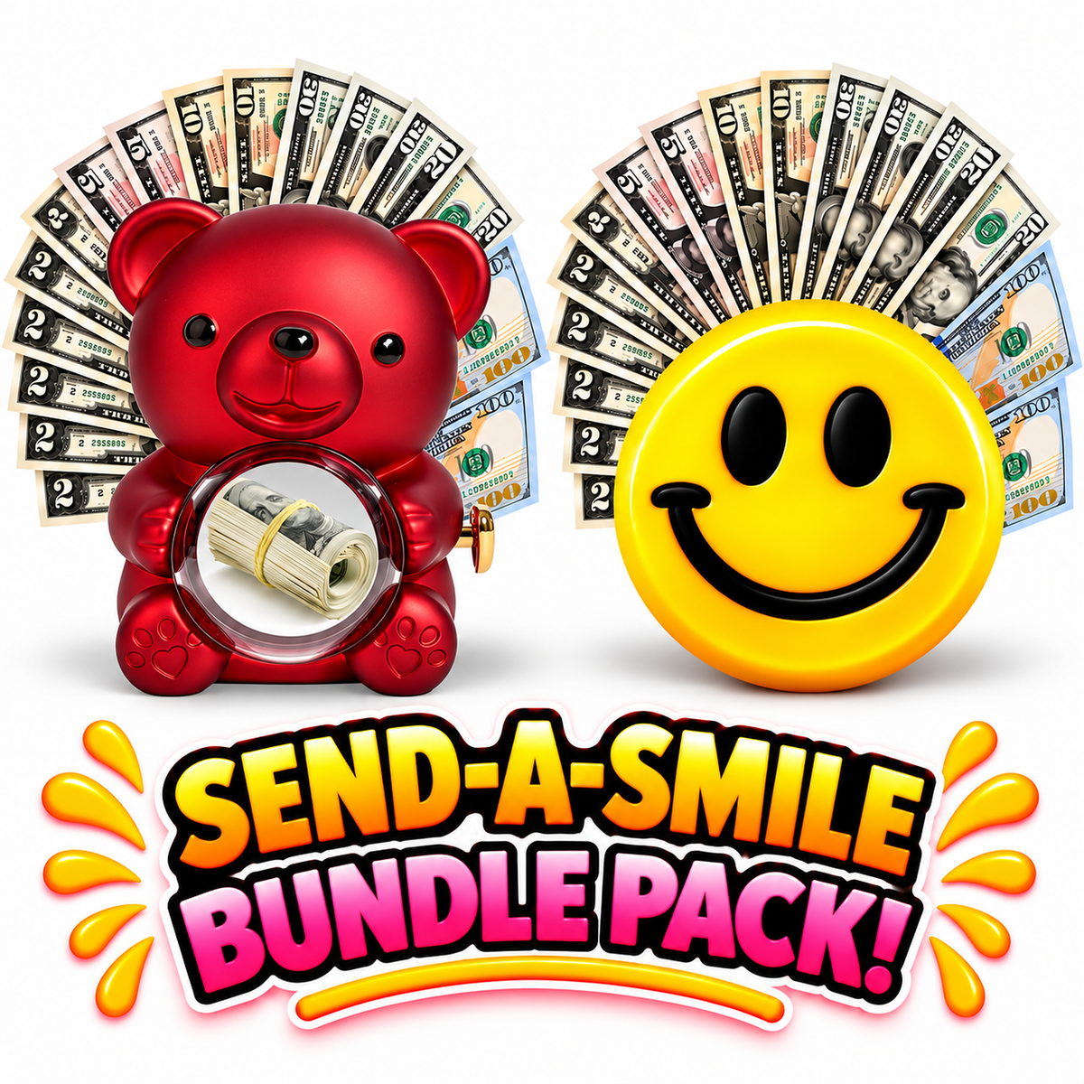 Red cash surprise bear and yellow giant cash smiley face gift bundle