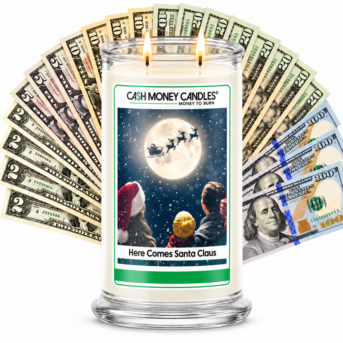 Here Comes Santa Claus Cash Money Candle with two lit wicks and a fan of cash