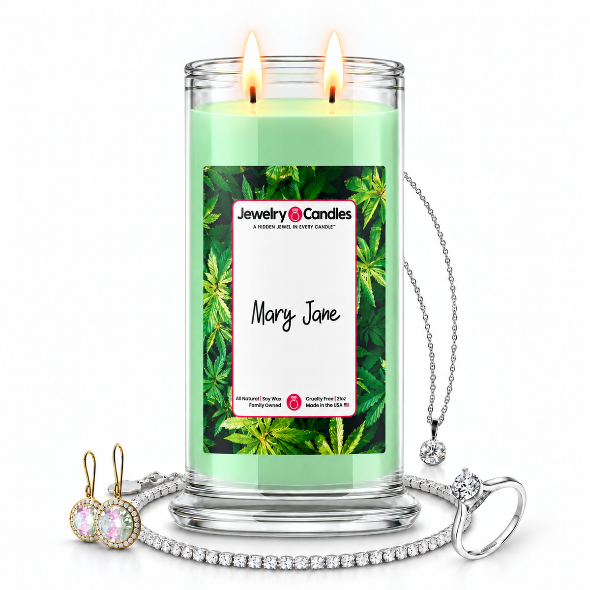 Mary Jane Jewelry Candle with two lit flames and jewelry