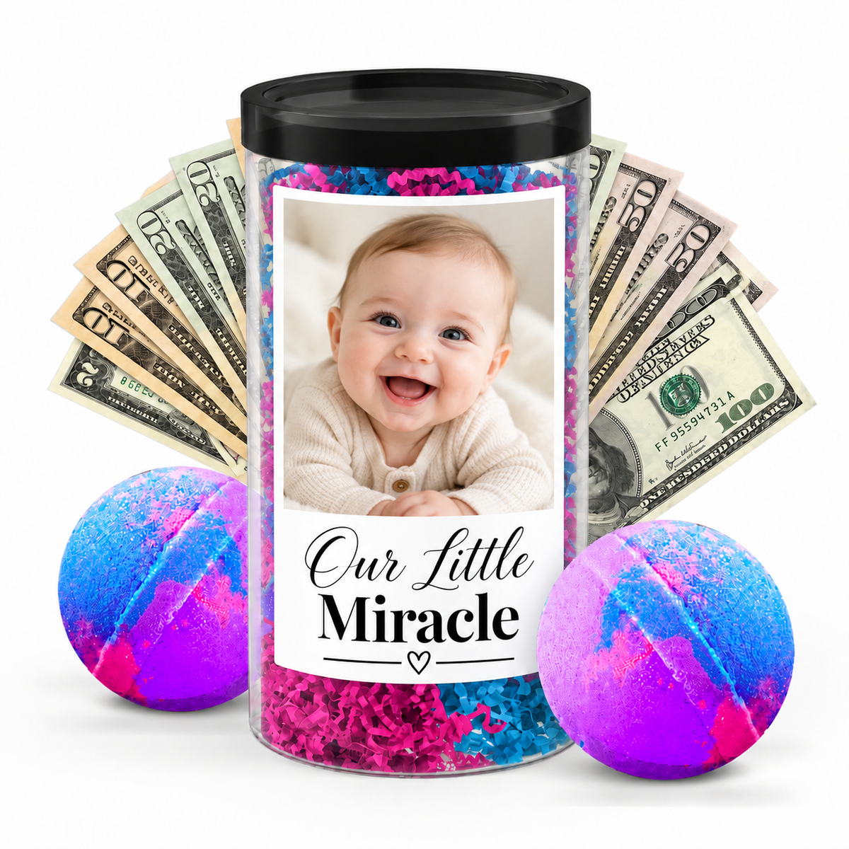 Photo cash bath bomb tube baby personalization example