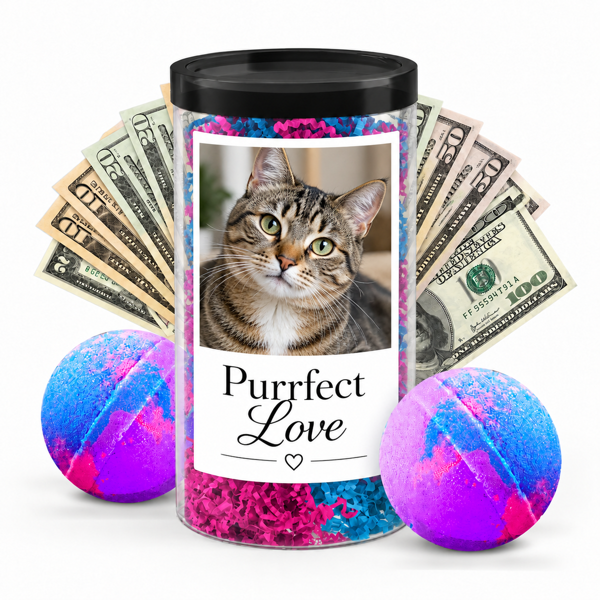 Photo cash bath bomb tube cat personalization example