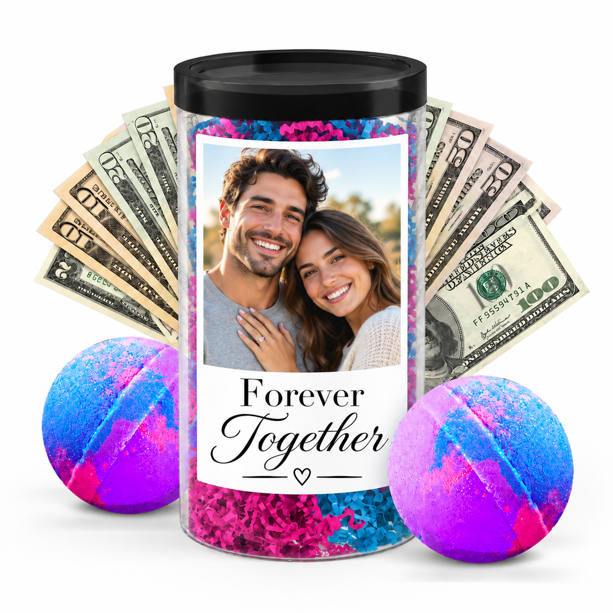 Photo cash bath bomb tube couple personalization example