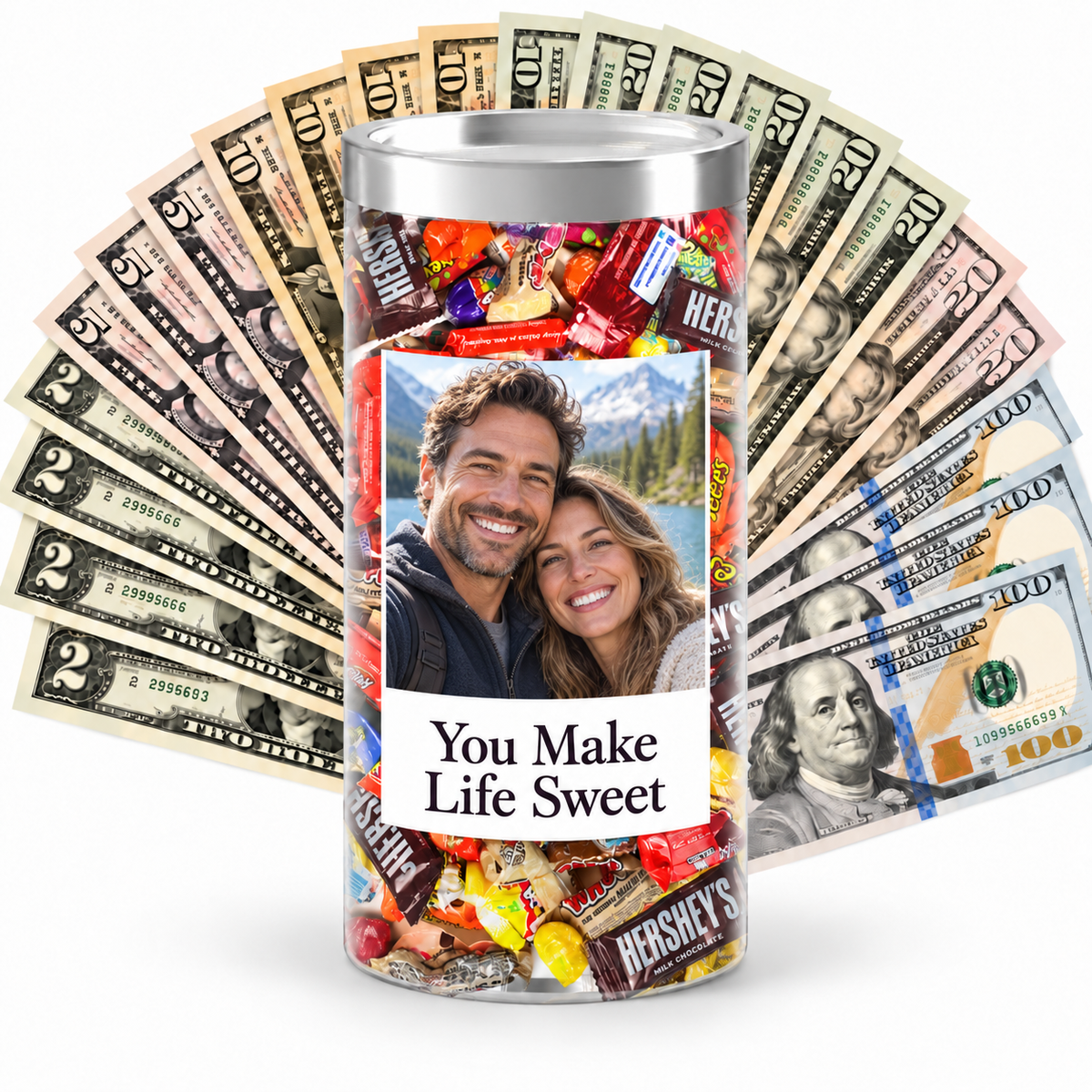 Personalized photo cash candy example with couple photo and message