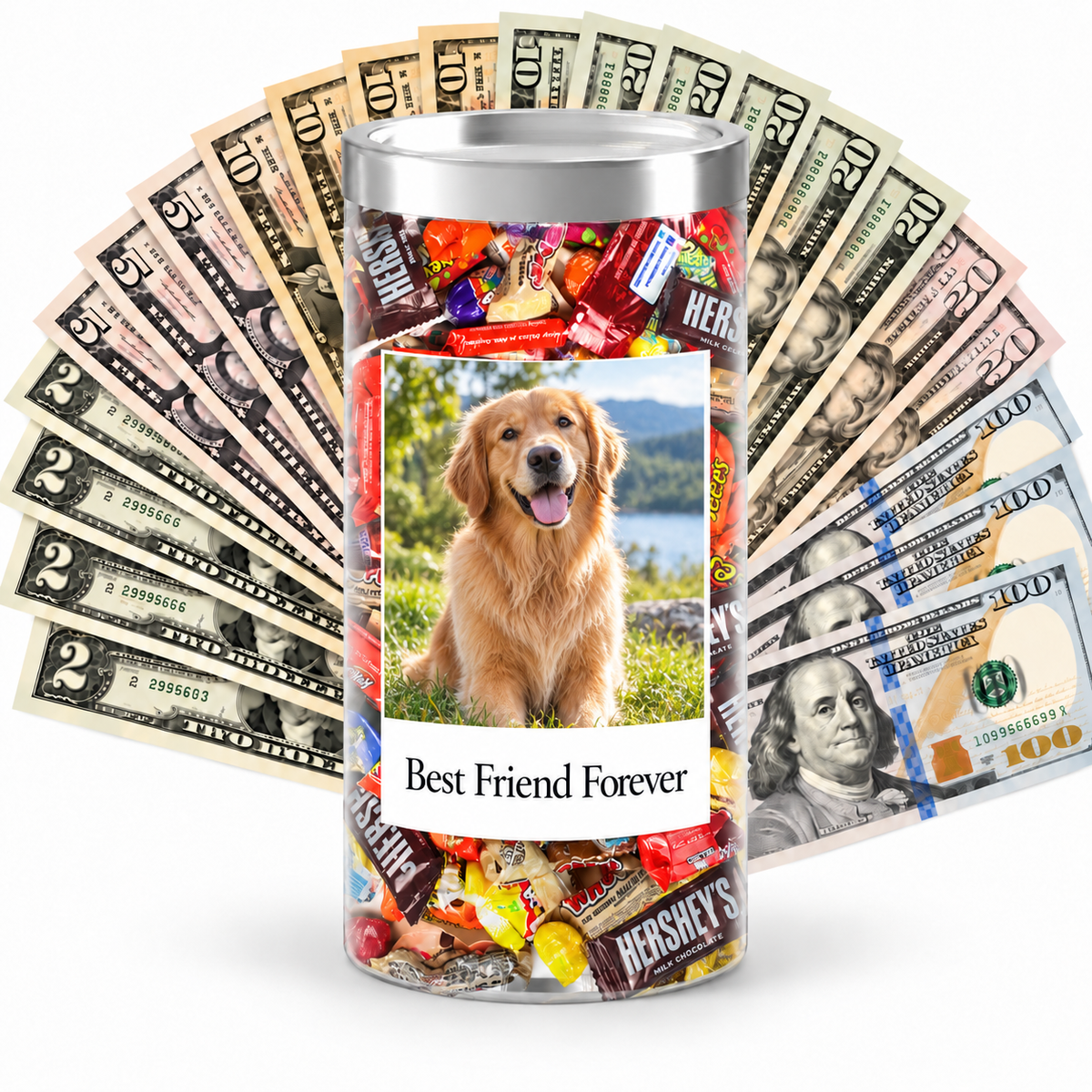 Personalized photo cash candy example with dog photo and message