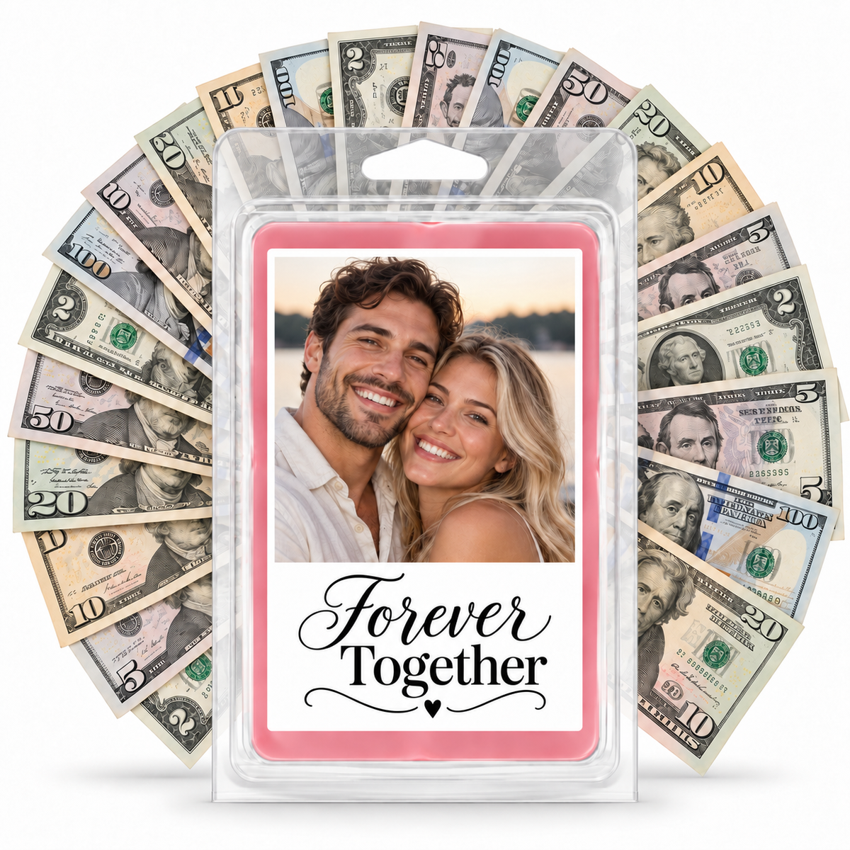 Photo cash wax melt couple personalization example with mixed dollar bill fan