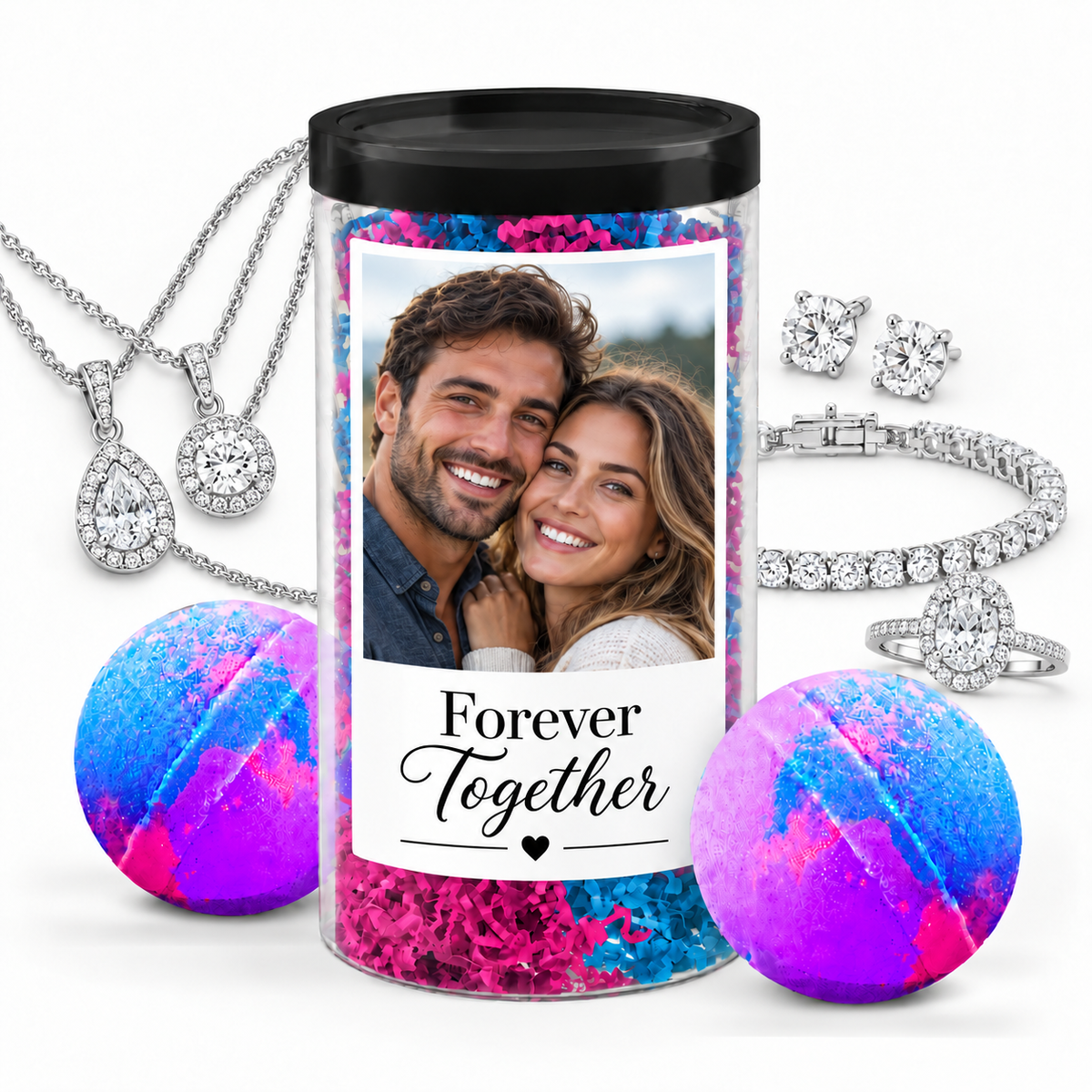 Photo jewelry bath bomb tube couple personalization example with silver jewelry