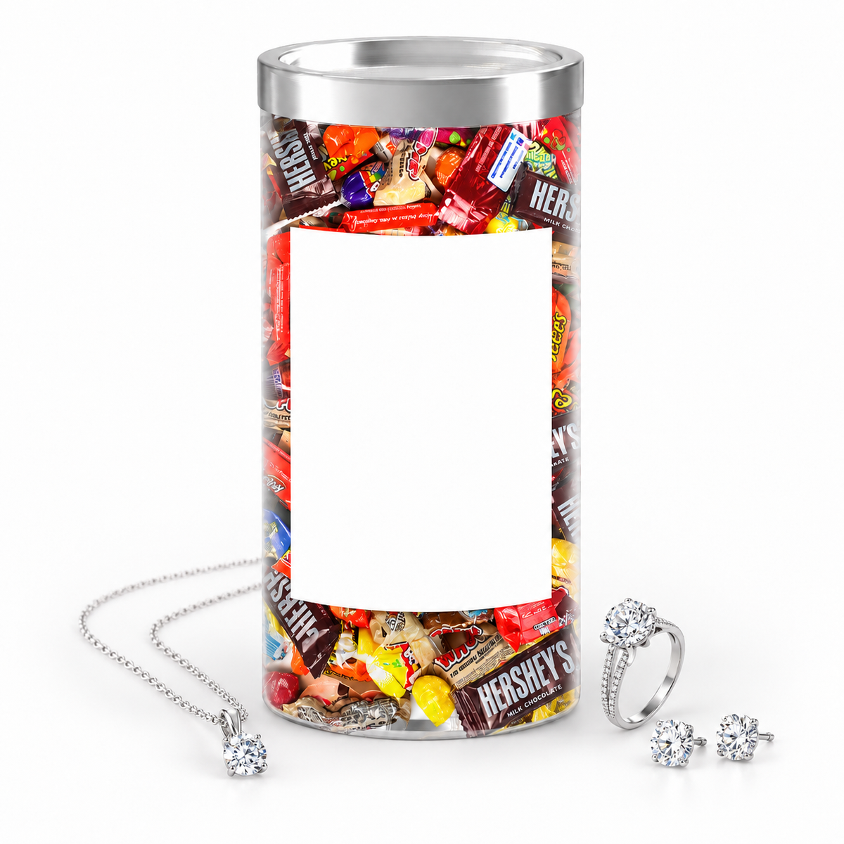 Photo jewelry candy tube ready for your photo and personal message, with example jewelry
