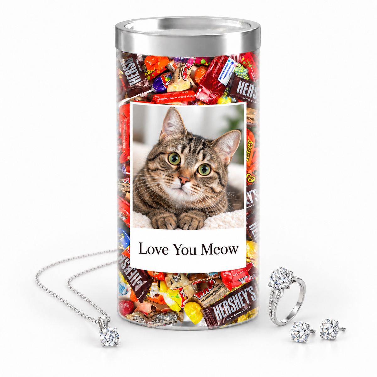 Personalized photo jewelry candy example with cat photo and message