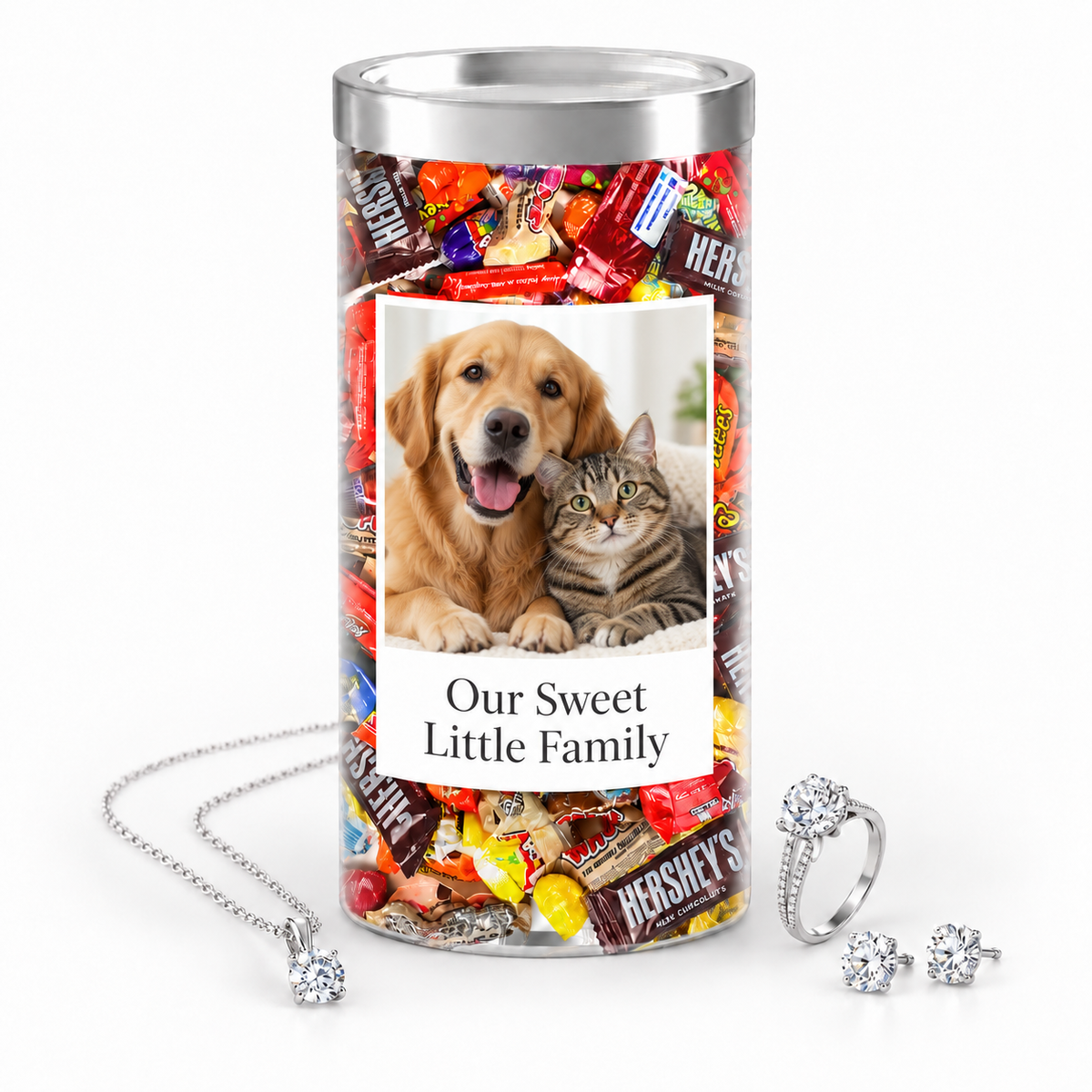 Personalized photo jewelry candy example with dog and cat photo and message