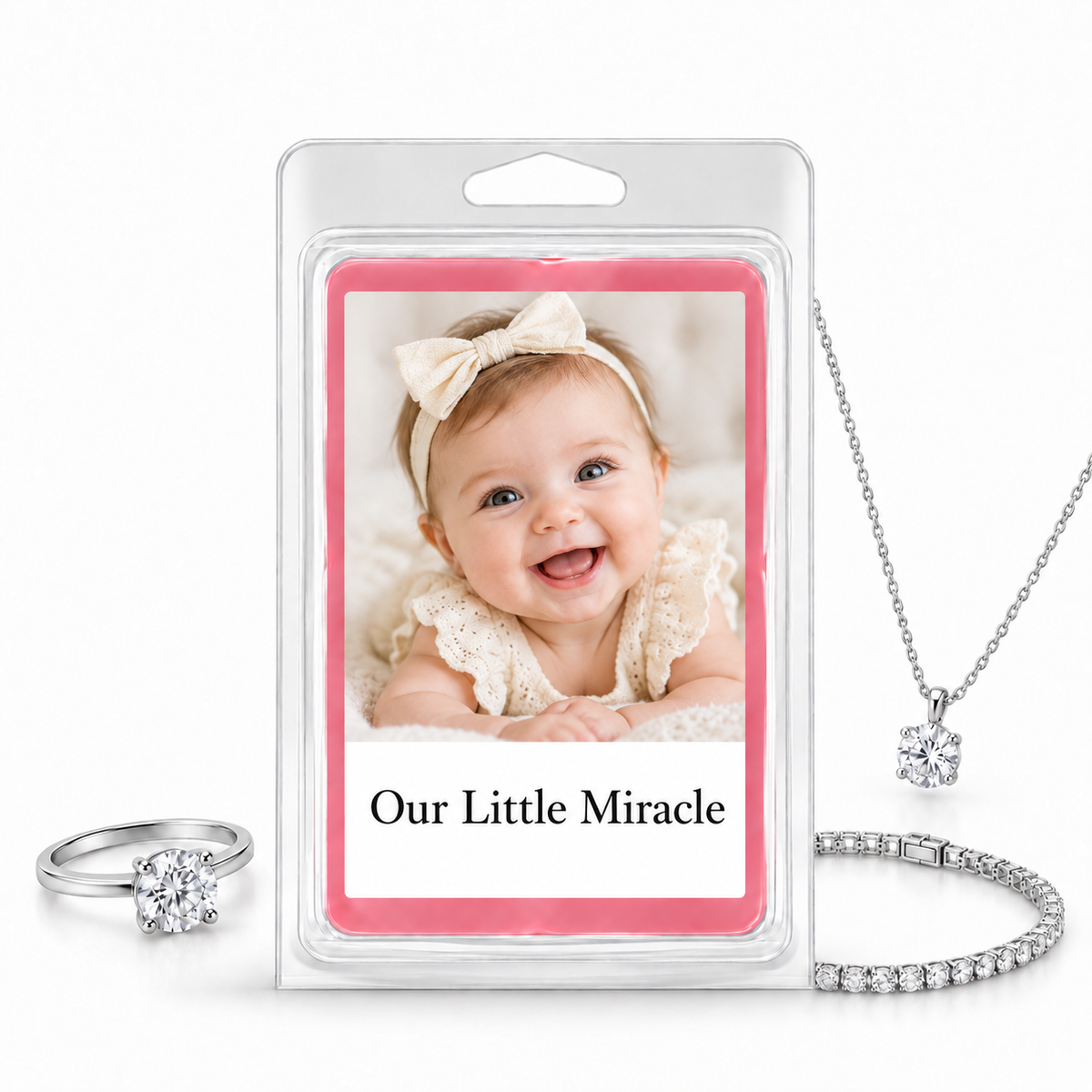 Photo Jewelry Wax Melt baby photo and message example with silver ring, necklace and bracelet