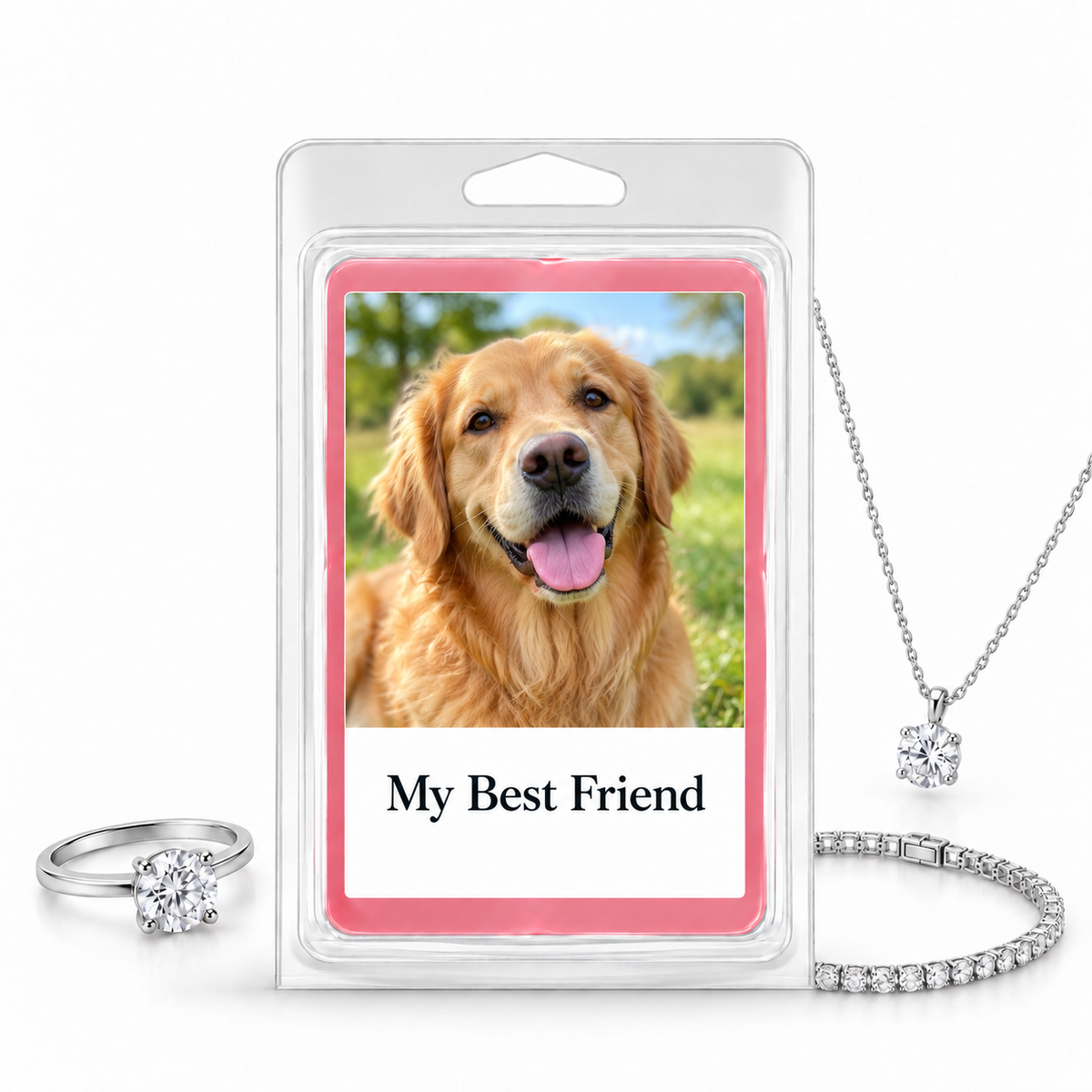 Photo Jewelry Wax Melt dog photo and message example with silver ring, necklace and bracelet