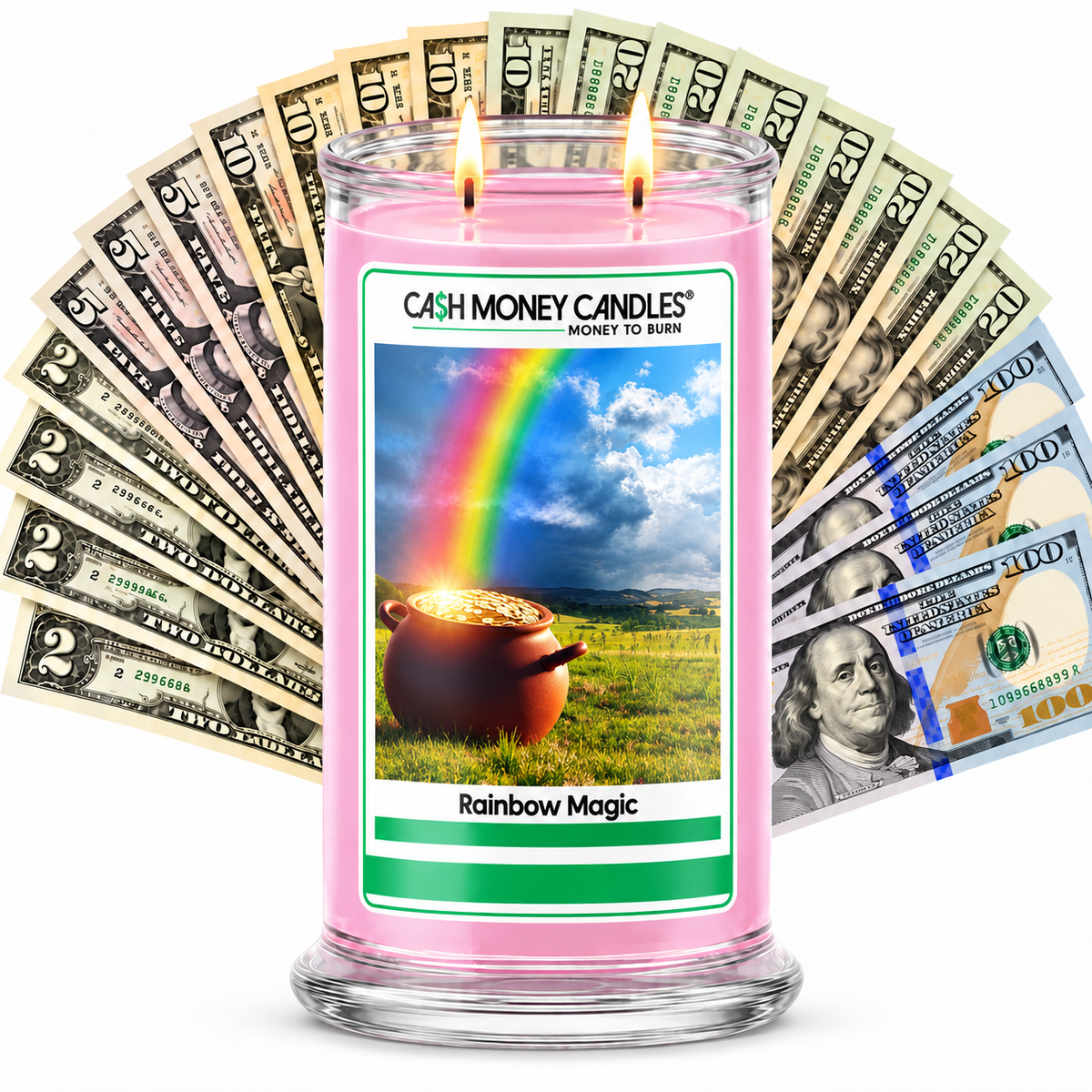 Rainbow Magic Cash Candle with two lit wicks and a fan of cash