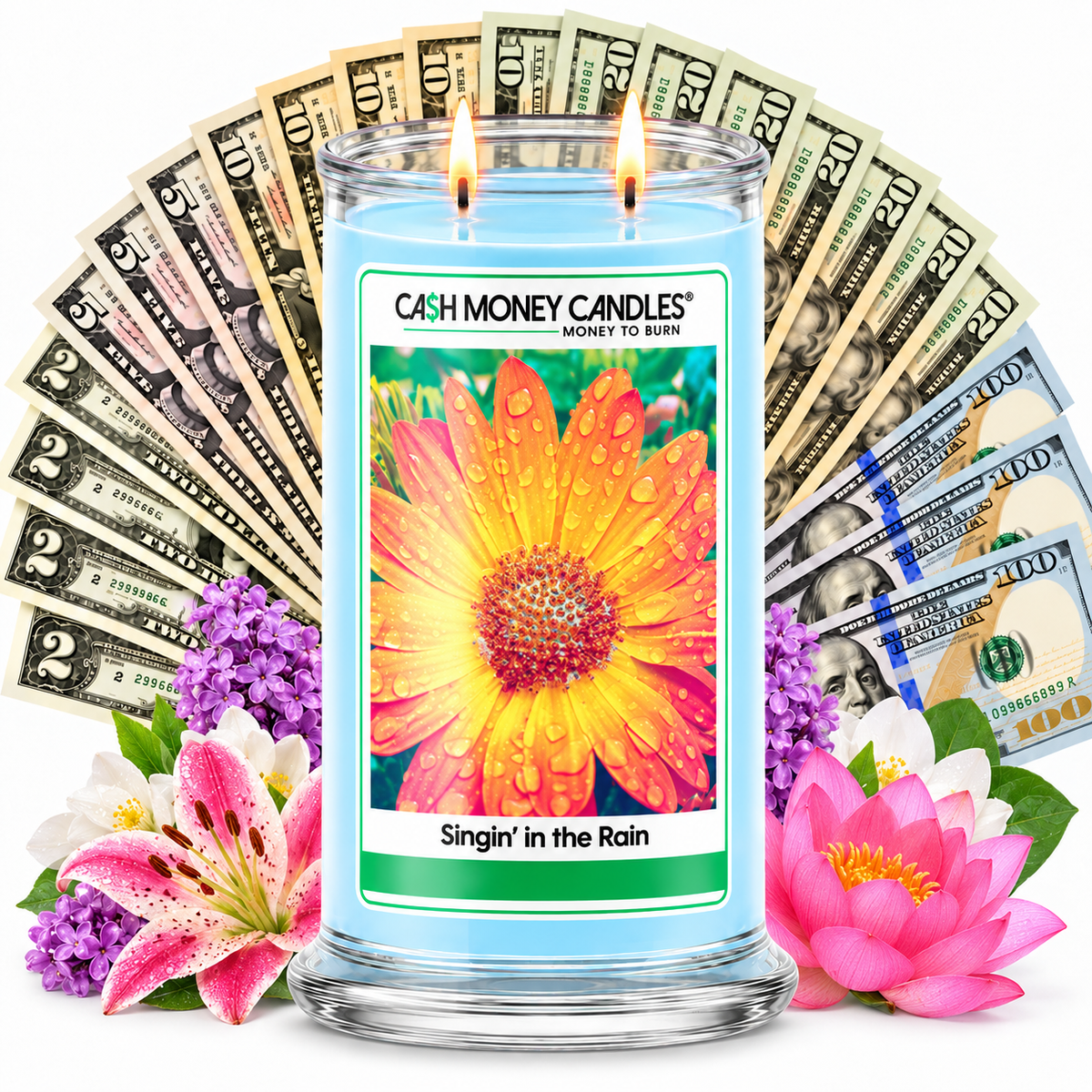 Singin' in the Rain Cash Money Candle with two lit wicks and a fan of cash