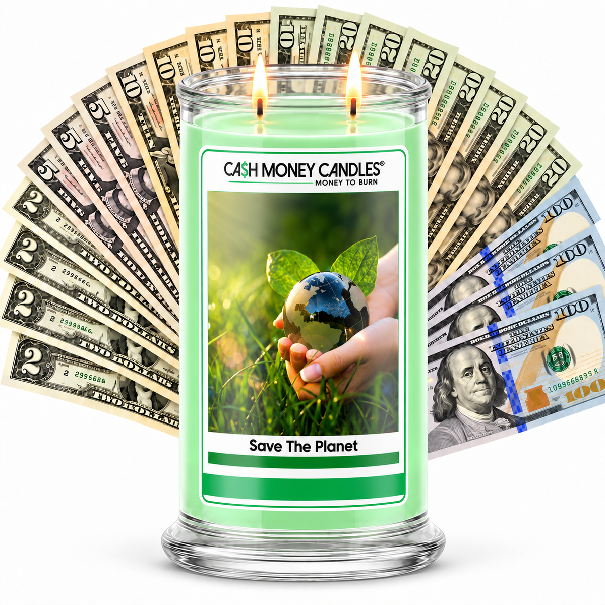 Save The Planet Cash Candle with two lit wicks and a fan of cash