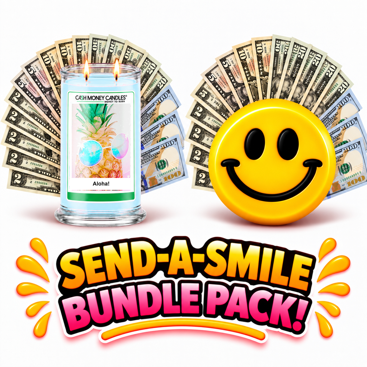 Send-A-Smile giant smiley cash wax melt paired with Aloha! Cash Candle