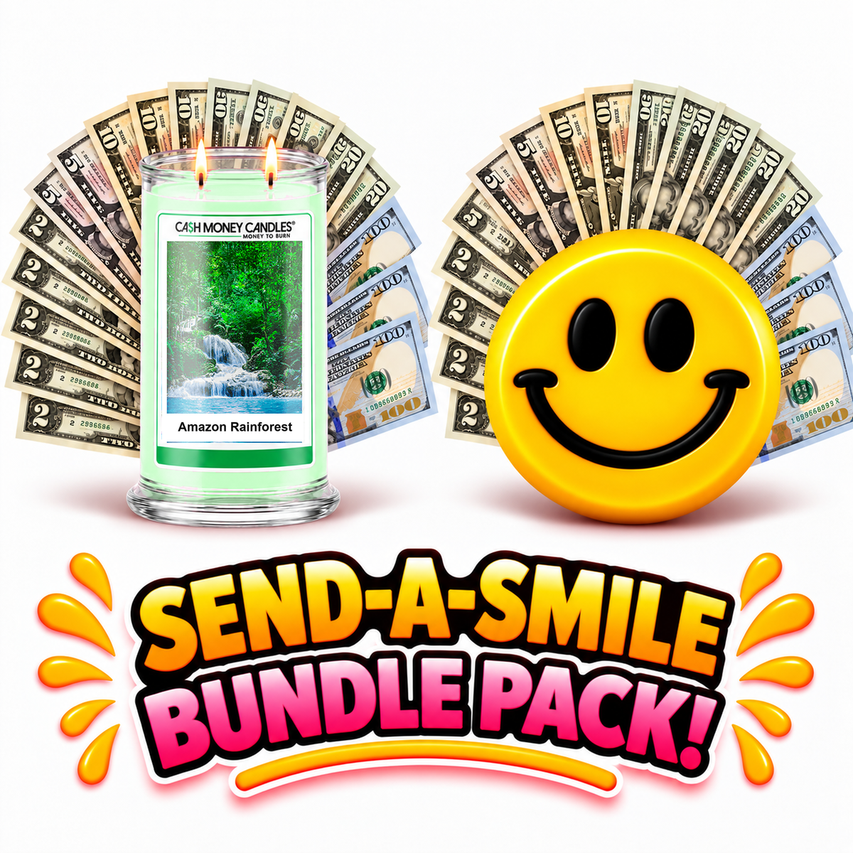 Send-A-Smile giant smiley cash wax melt paired with Amazon Rainforest Cash Money Candle