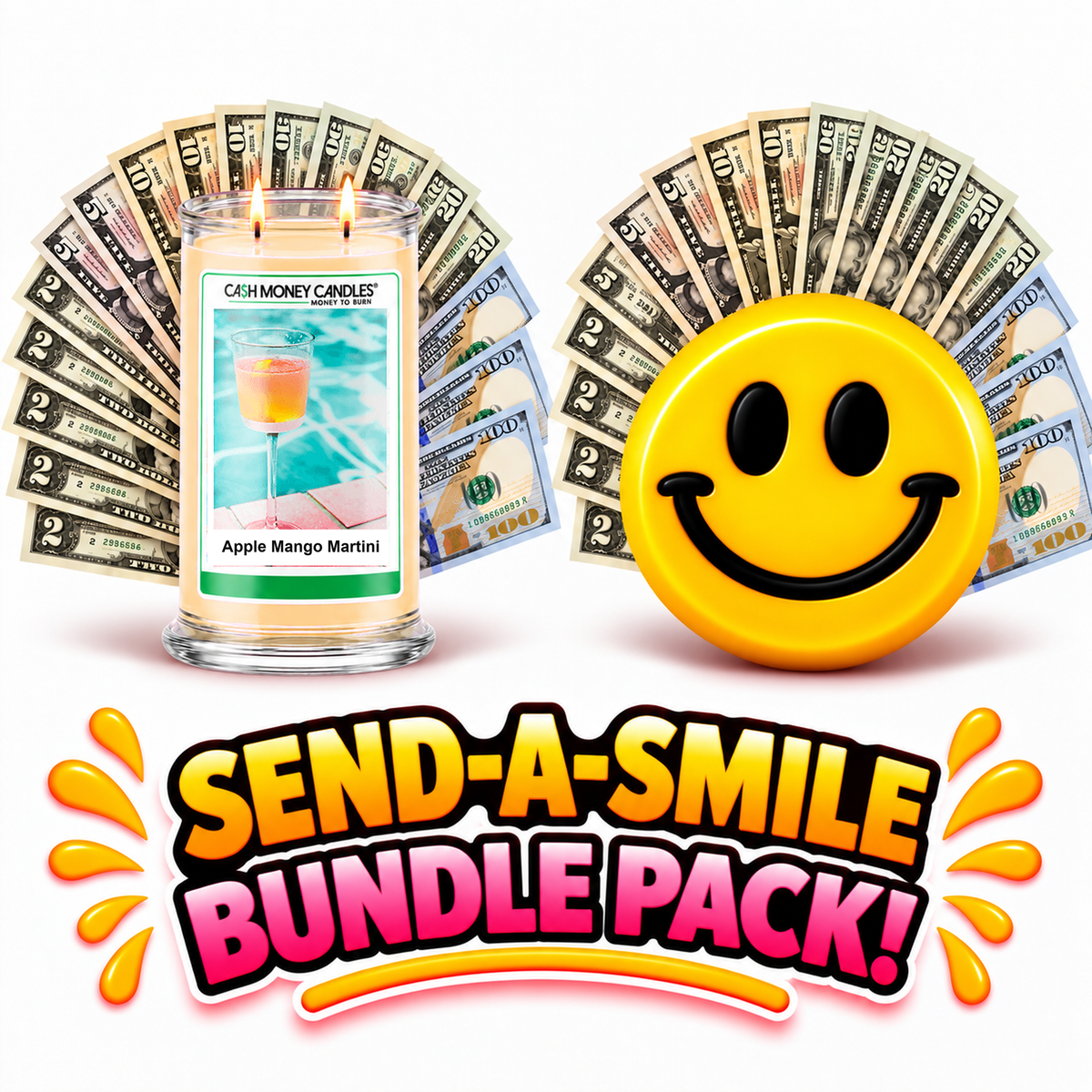 Send-A-Smile giant smiley cash wax melt paired with Apple Mango Martini Cash Candle