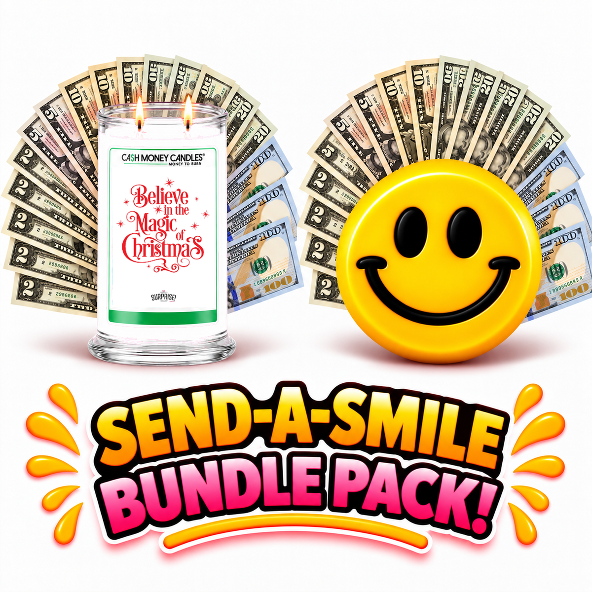 Send-A-Smile giant smiley cash wax melt paired with Believe In The Magic Of Christmas Cash Candle