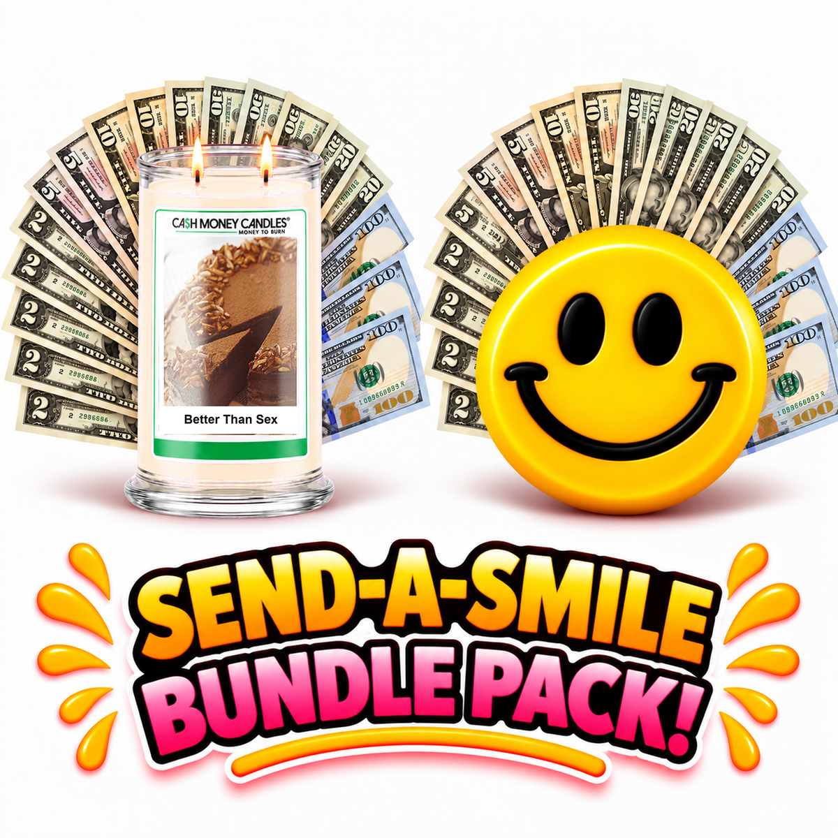 Send-A-Smile giant smiley cash wax melt paired with Better Than Sex Cash Candle