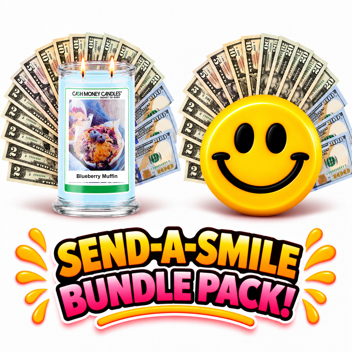 Send-A-Smile giant smiley cash wax melt paired with Blueberry Muffin Cash Money Candle