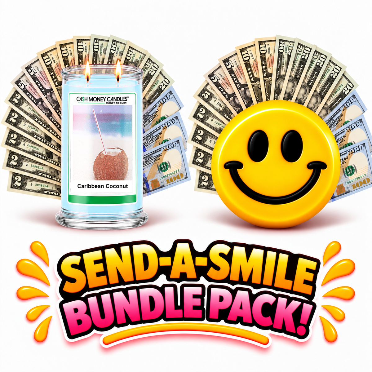 Send-A-Smile giant smiley cash wax melt paired with Caribbean Coconut Cash Candle
