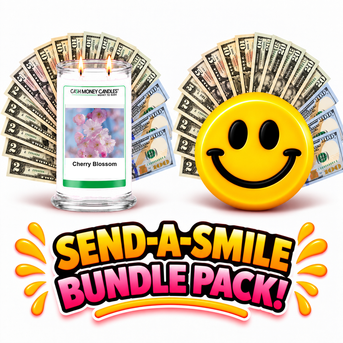 Send-A-Smile giant smiley cash wax melt paired with Cherry Blossom Cash Money Candle