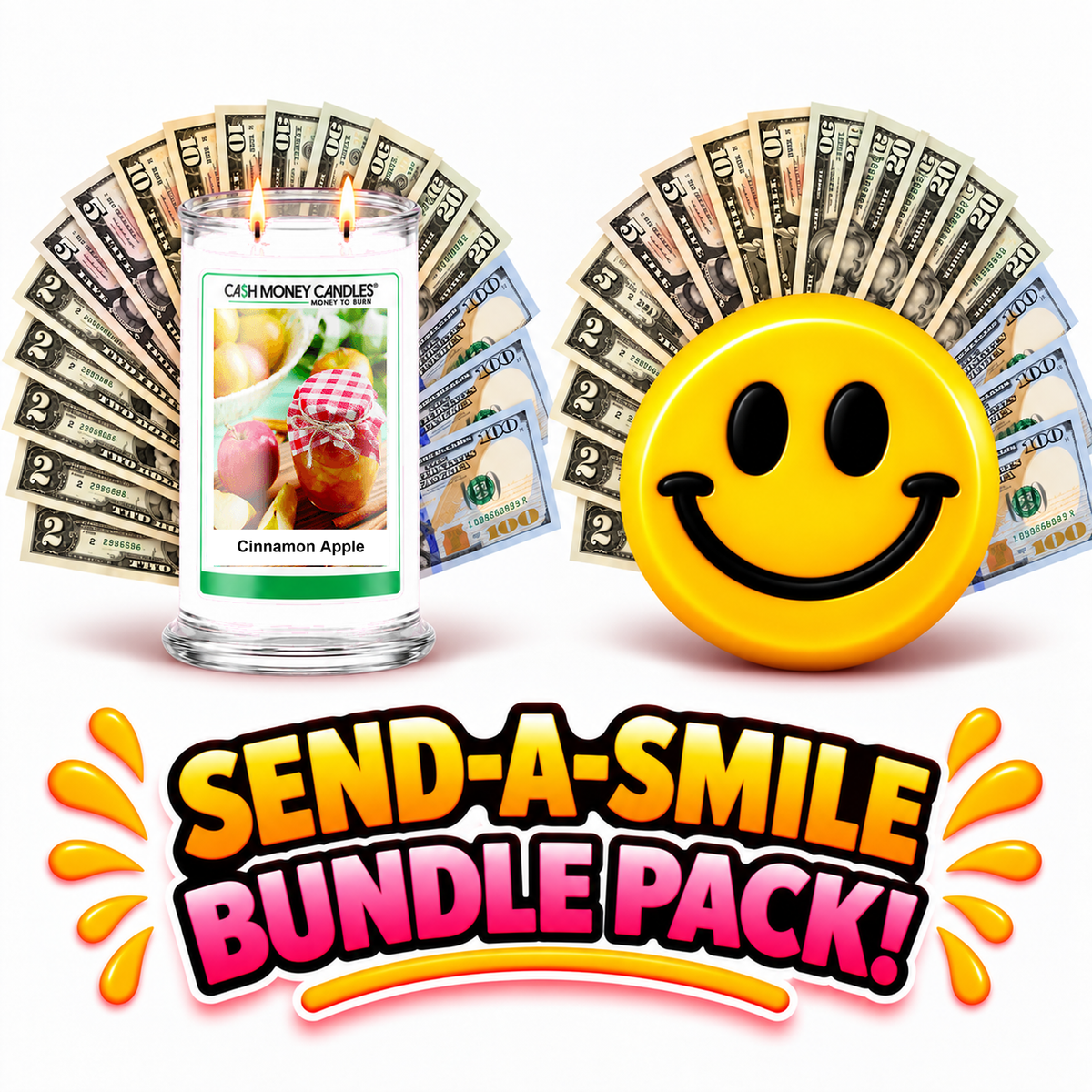 Send-A-Smile giant smiley cash wax melt paired with Cinnamon Apple Cash Money Candle