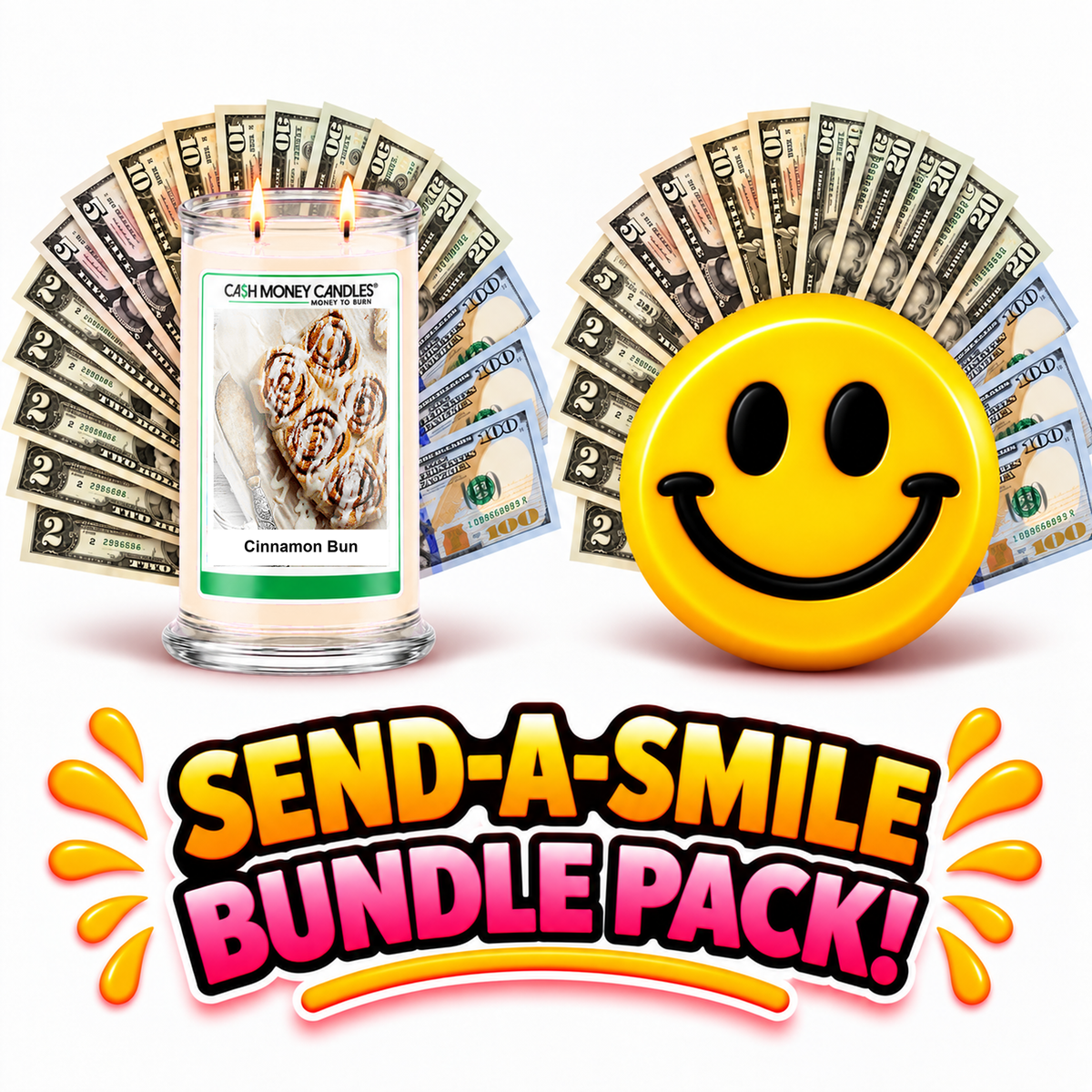 Send-A-Smile giant smiley cash wax melt paired with Cinnamon Bun Cash Candle