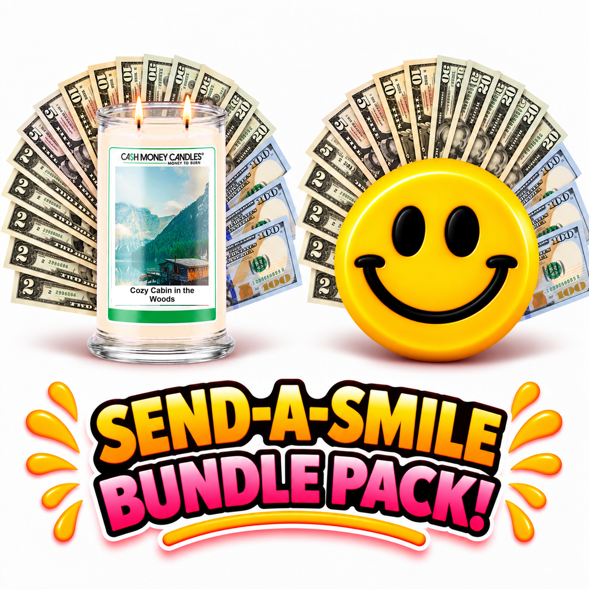 Send-A-Smile giant smiley cash wax melt paired with Cozy Cabin in the Woods Cash Money Candle
