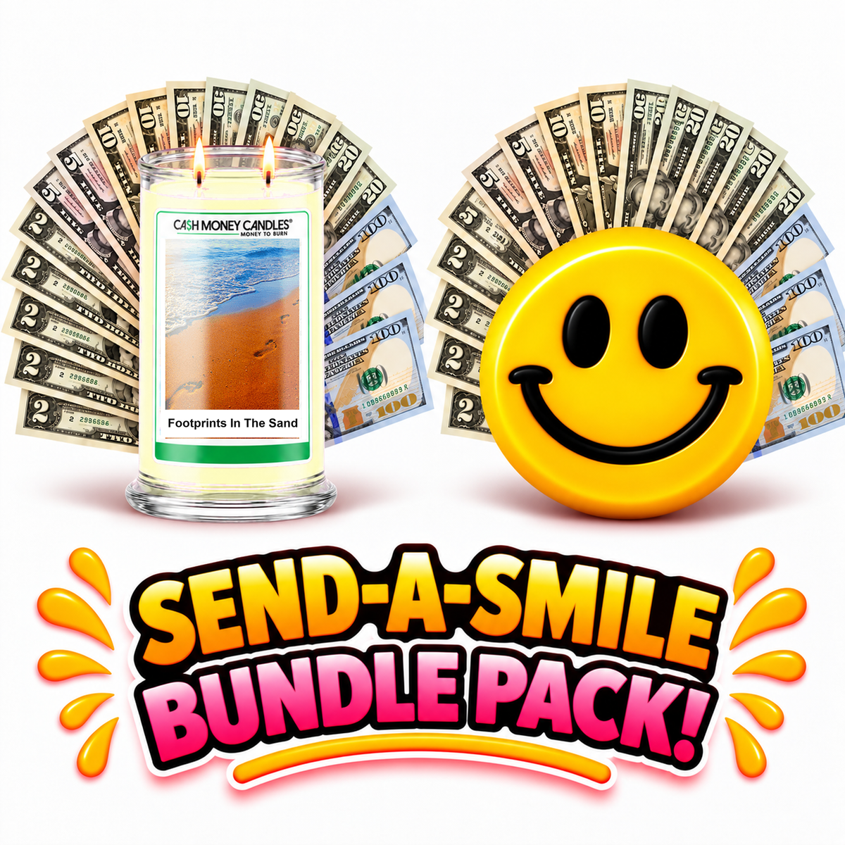Send-A-Smile giant smiley cash wax melt paired with Footprints In The Sand Cash Money Candle