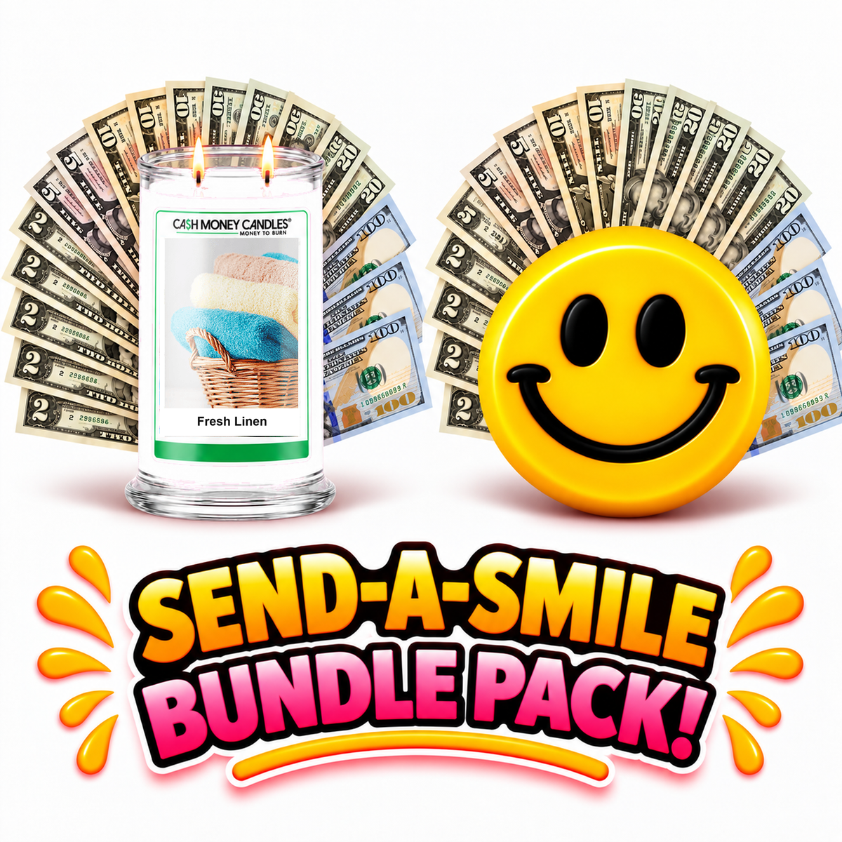 Send-A-Smile giant smiley cash wax melt paired with Fresh Linen Cash Money Candle